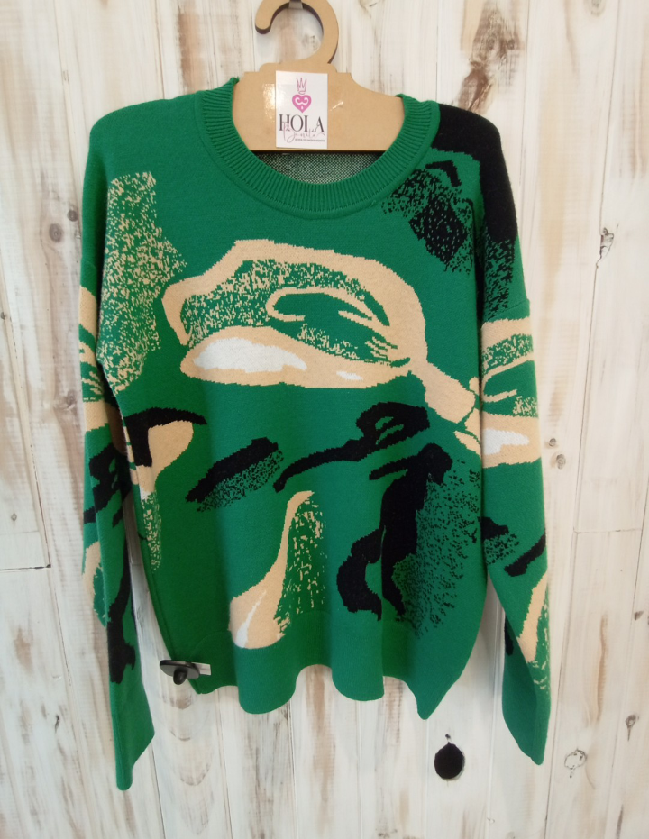Sweater verde oscuro con dibujos en beige , negro y blanco